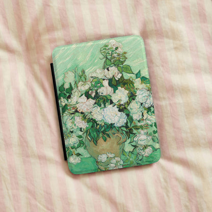 Van Gogh Roses Kindle case on pink striped linen bedding