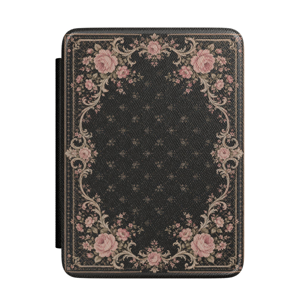 Victorian Rose Kindle case front cover with pink roses on black