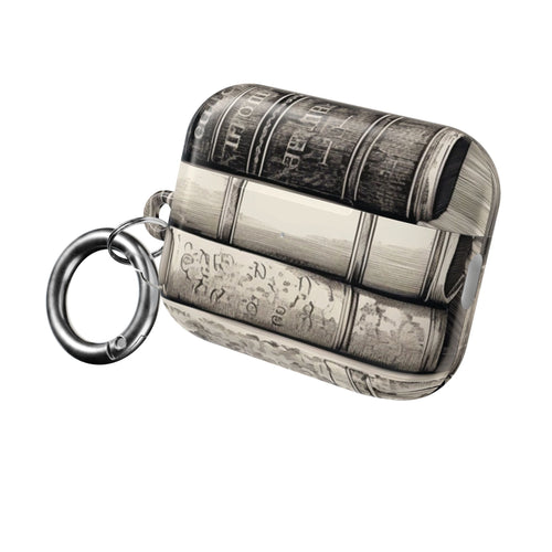 Vintage Books AirPods case with an antique book print and carabiner