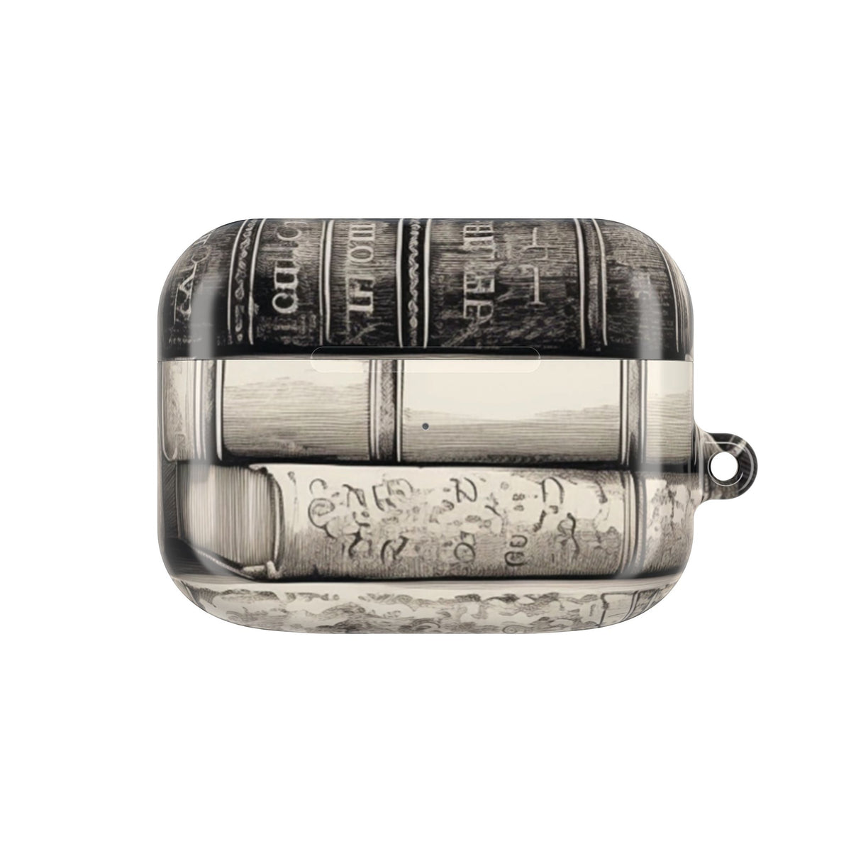 Side of the Vintage Books AirPods case with the carabiner clip