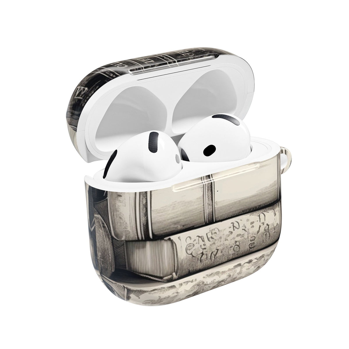 Vintage Books AirPods case open with the AirPods inside