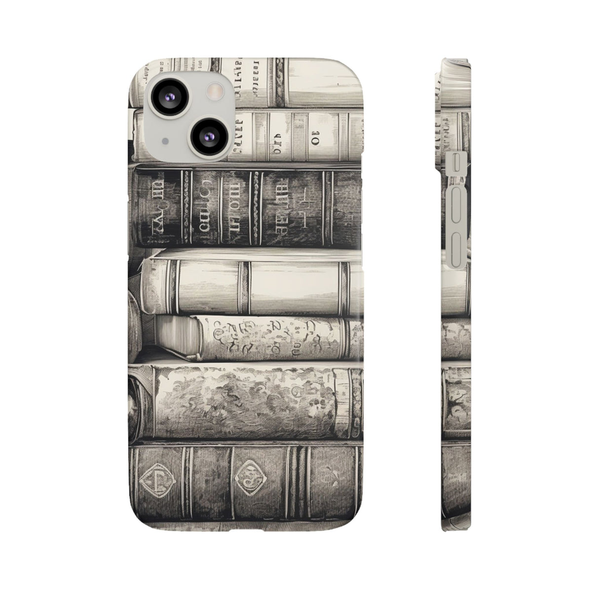 Back and side of the slim Vintage Books snap phone case
