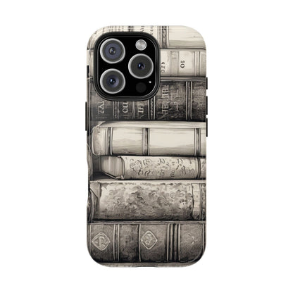 Vintage Books tough phone case with a stack of antique books in sepia