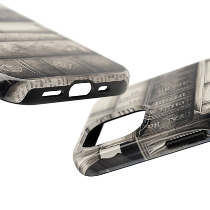 Close-up of the camera cutout on the Vintage Books phone case