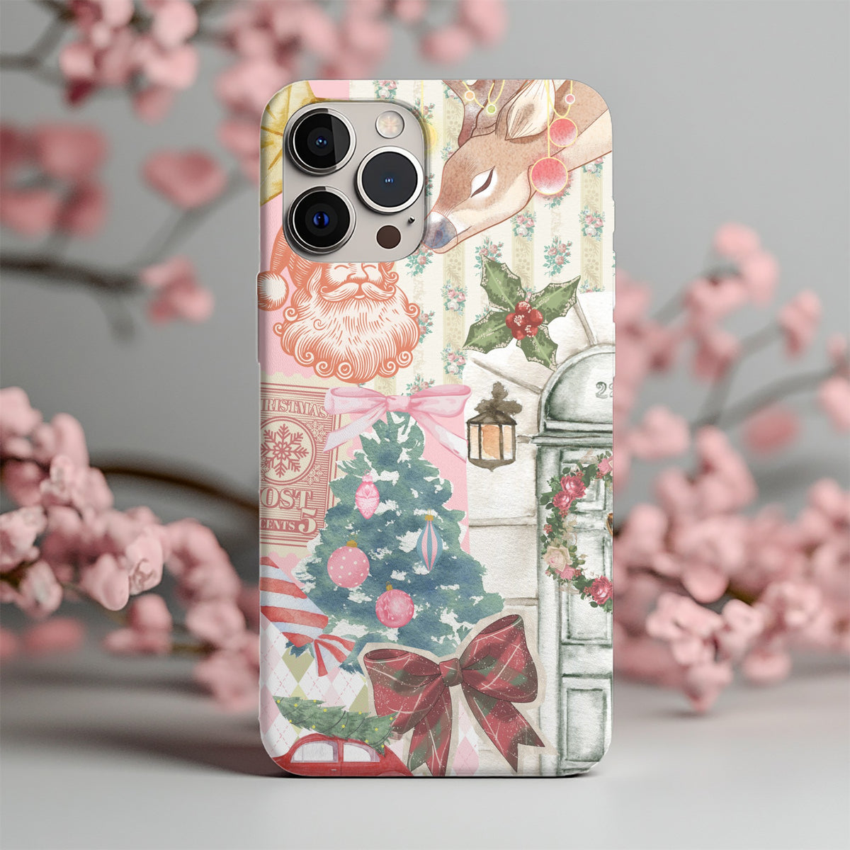 Vintage Christmas tough phone case standing among pink blossoms