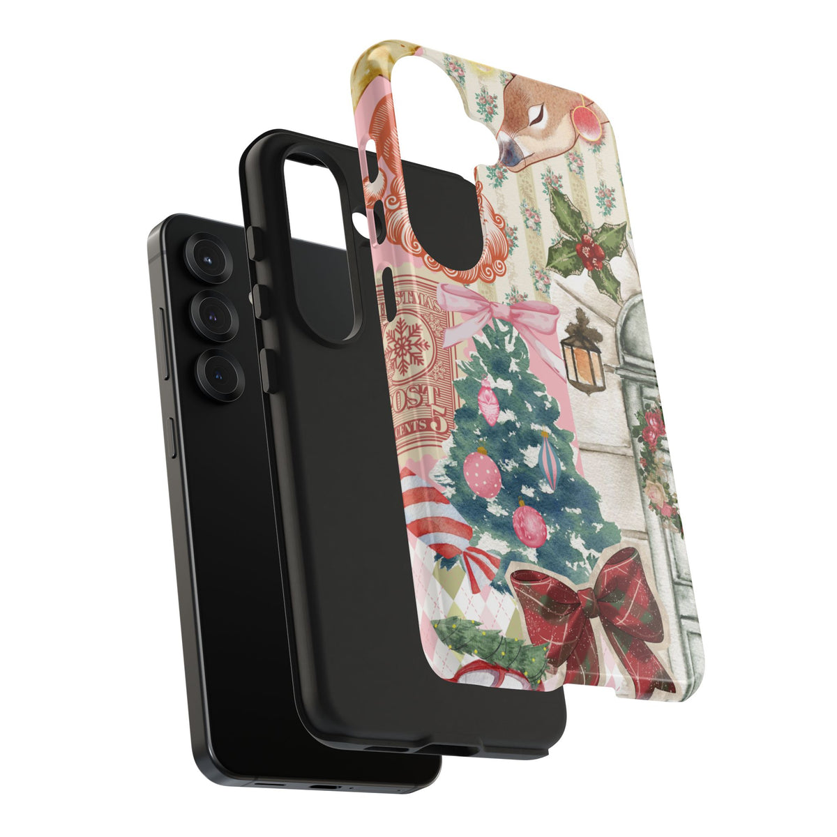 Vintage Christmas tough phone case outer shell and inner layer on the phone