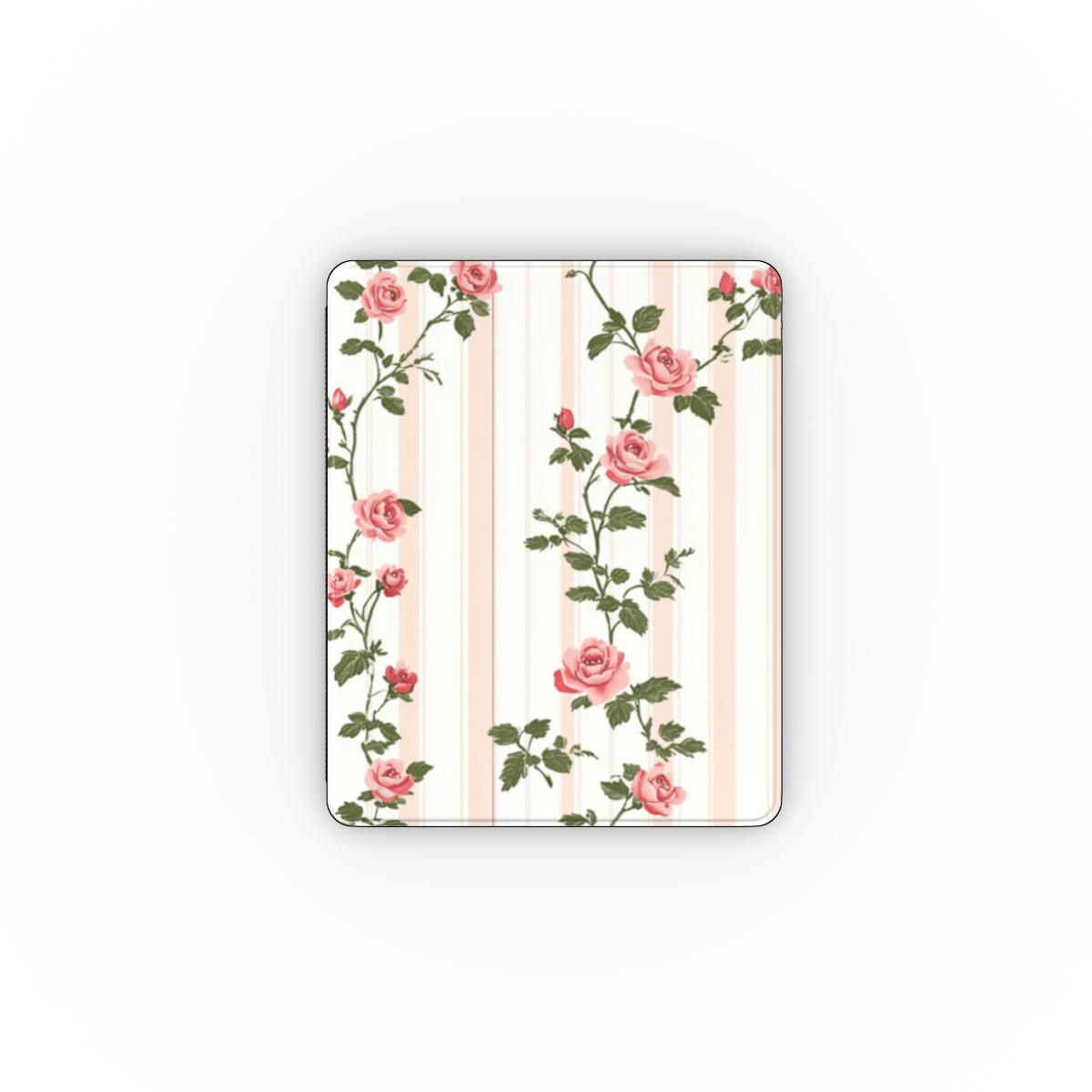 Vintage Rose Stripe iPad case front cover with pink roses climbing blush stripes