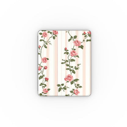 Vintage Rose Stripe iPad case front cover with pink roses climbing blush stripes
