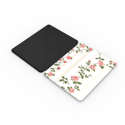 Vintage Rose Stripe iPad case open, showing the printed front and black back