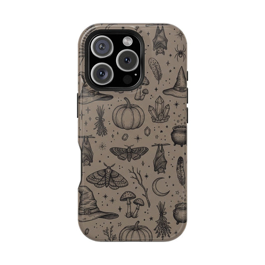 Witchy Sketchbook tough magnetic phone case with bats and pumpkins on taupe