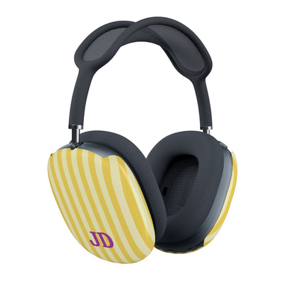 Yellow cabana stripe AirPods Max shells seen from a second angle on the headphones