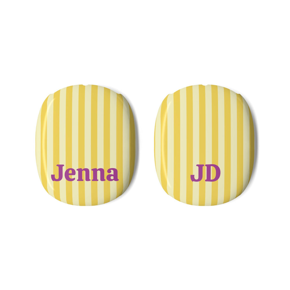 The two yellow cabana stripe AirPods Max shells shown separately with custom names