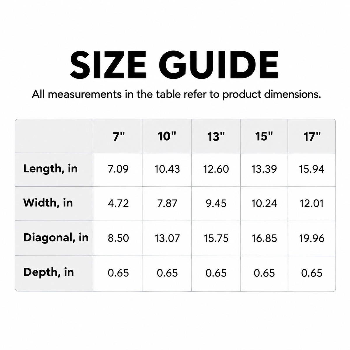 Laptop sleeve size guide with dimensions for 7 to 17 inch sleeves