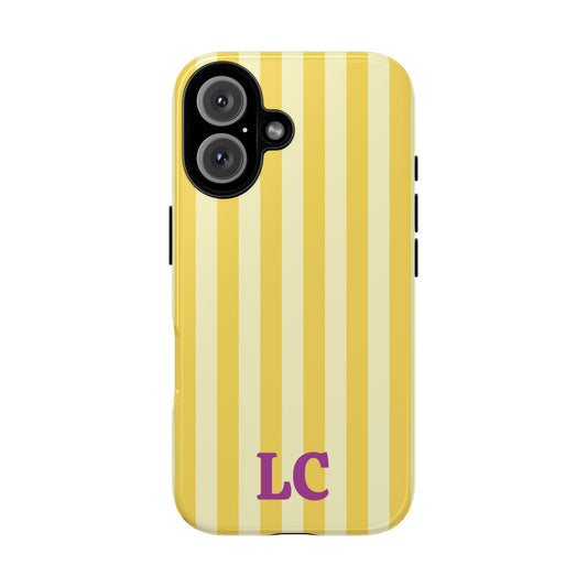 Yellow cabana stripe tough phone case with custom initials, back view