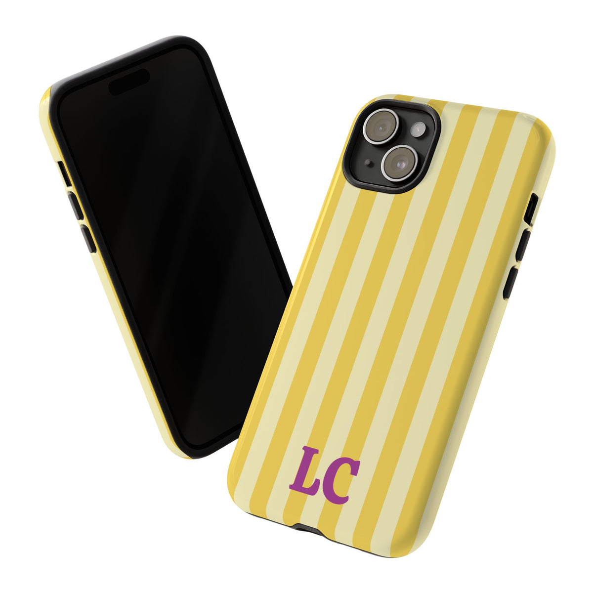 Yellow cabana stripe phone case on an iPhone, front and back view