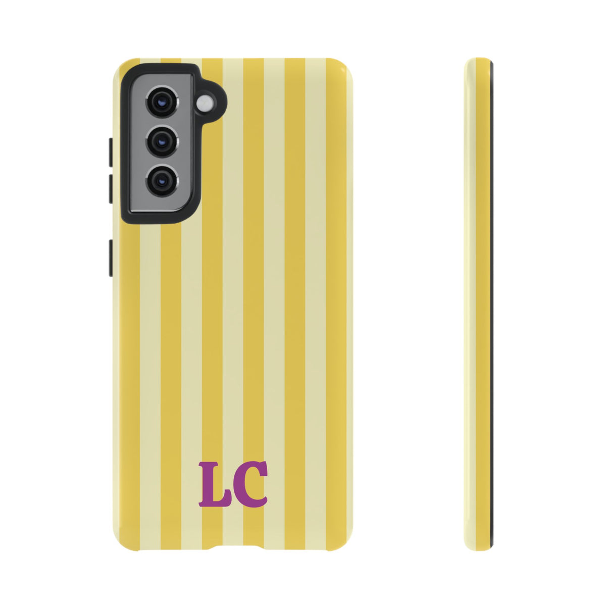 Yellow cabana stripe tough phone case, back and side view