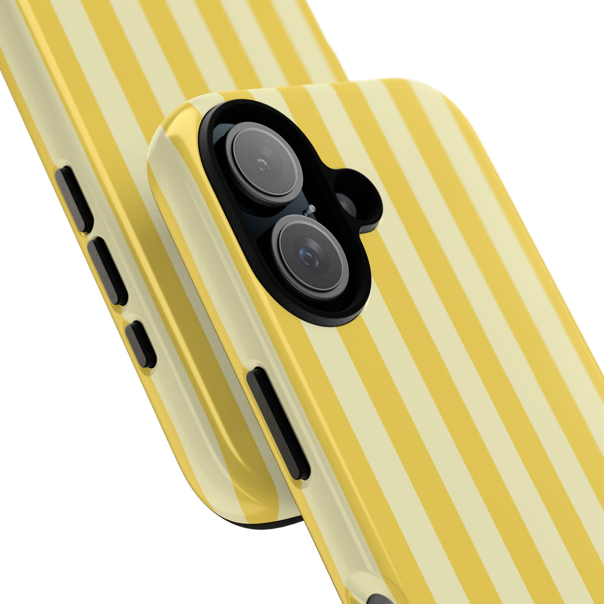 Close-up of the camera cut-out on the yellow cabana stripe phone case